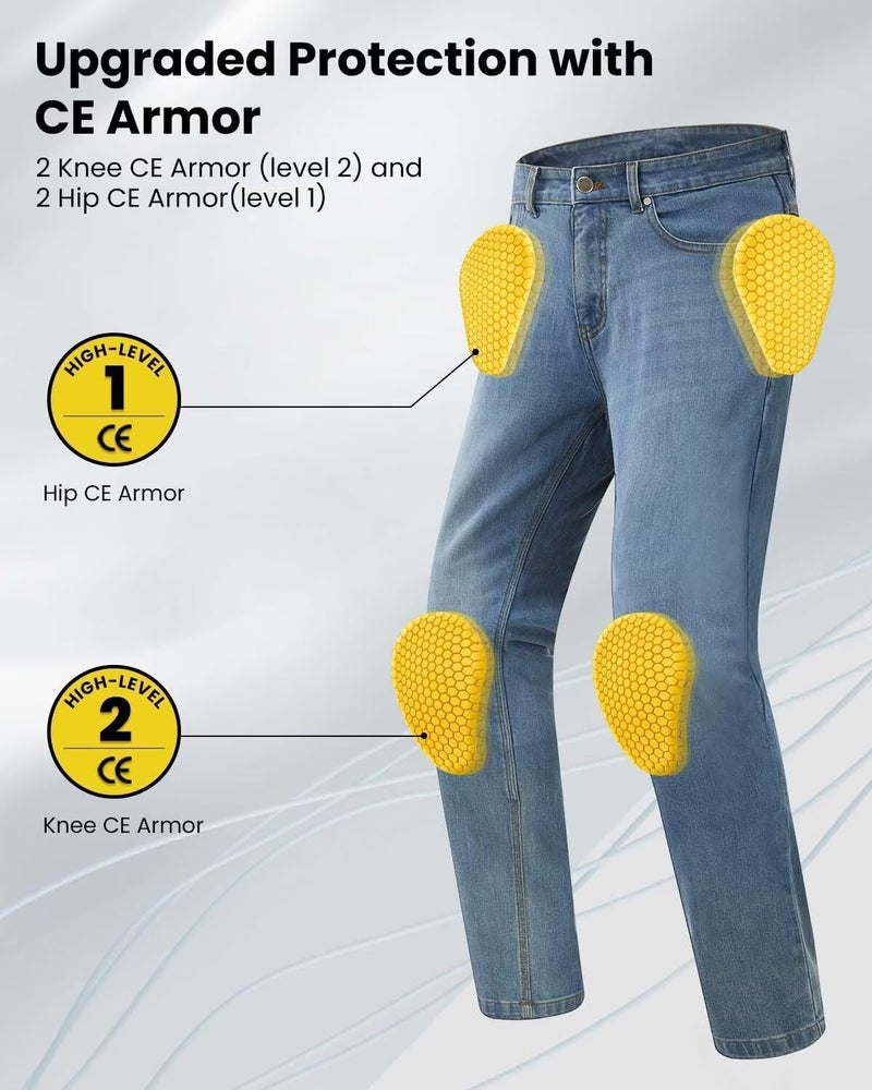 ILM Motorcycle Riding Pants for Men CE Armored Motorbike Jeans Adventure Touring Motocross All Season Model PJN1(Light Blue) - Image 3